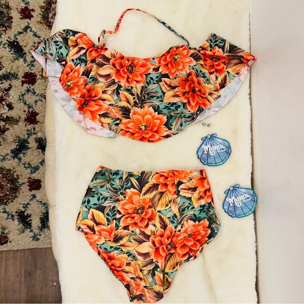 Show Me Your Mumu Orange Floral Bikini Set with Green Leaf Print Size small NWT
